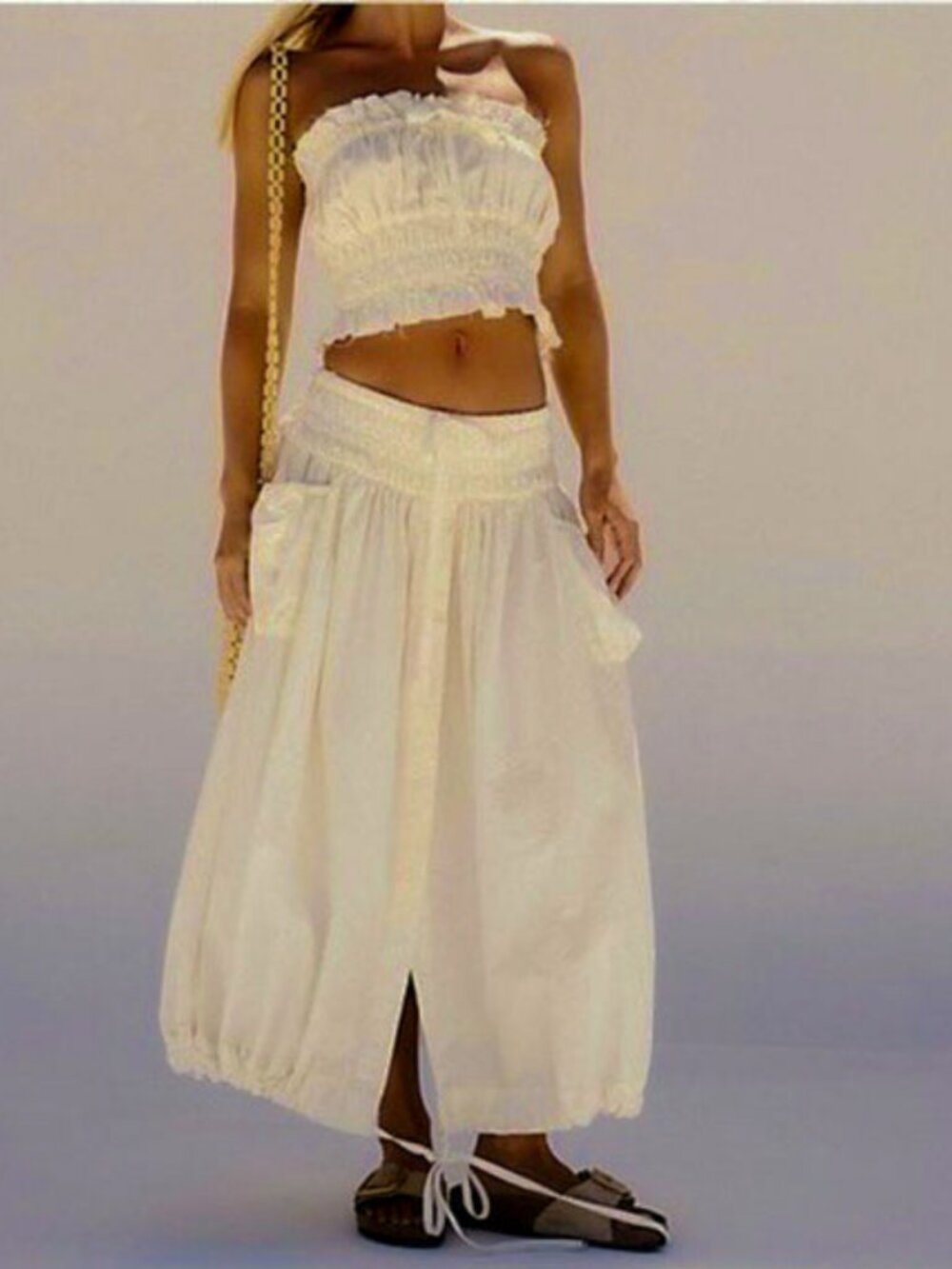 Free People All The Things Set Smocked Strapless Tube Cream Skirt & Top XS